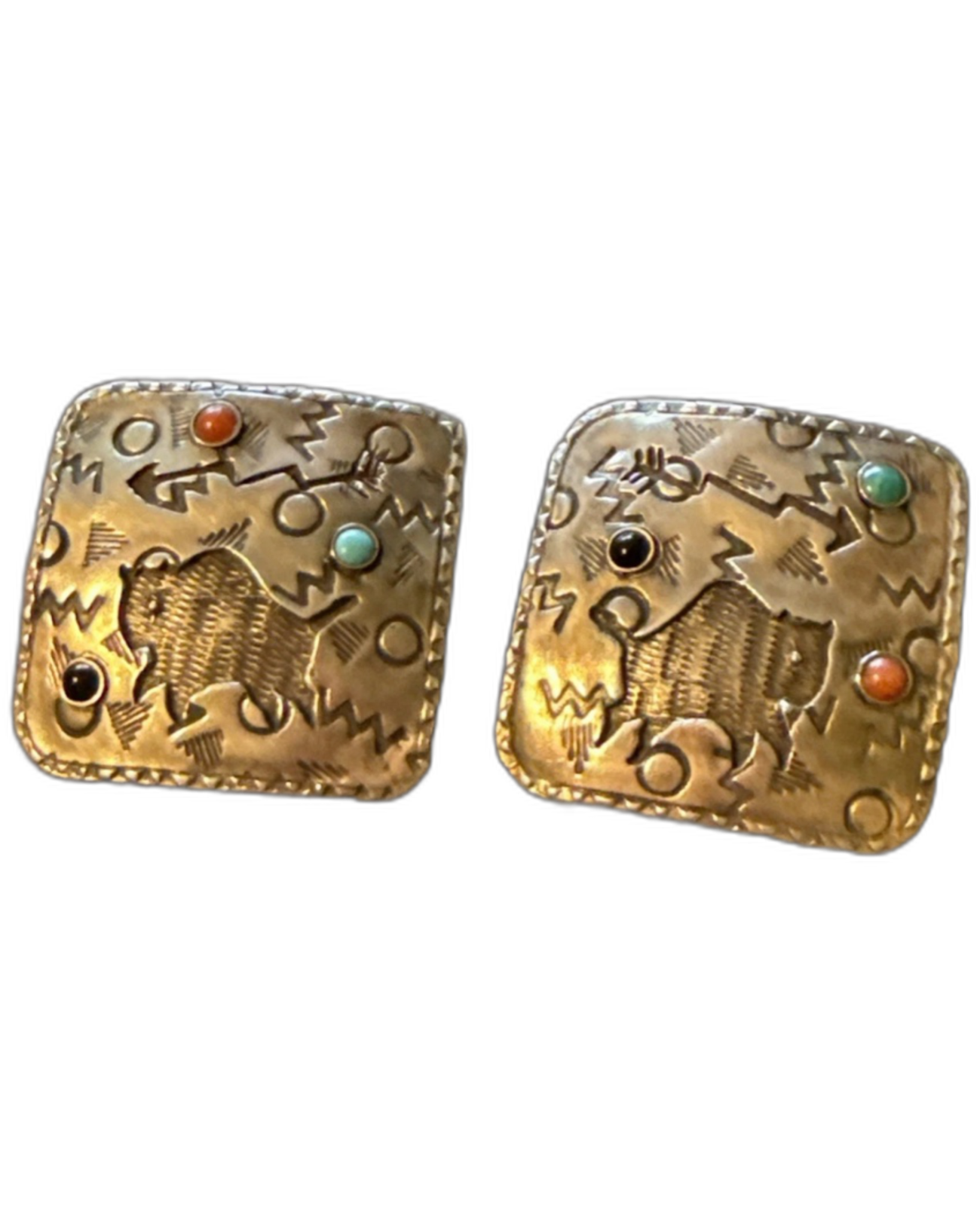 Laurie Stetzler Sterling Earrings - 1970s+ - Bison, Turquoise, Onyx, Coral