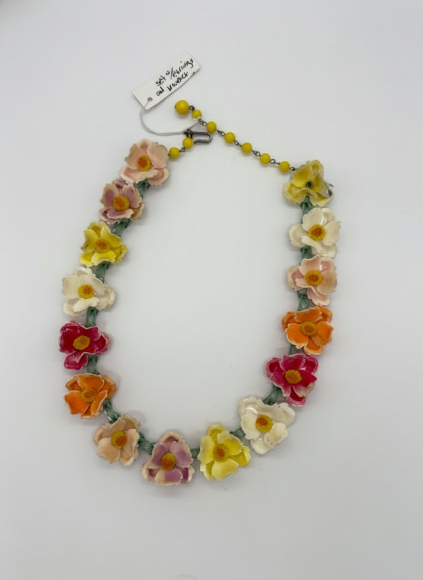 Vintage Celluloid Colorful Flowers Necklace set