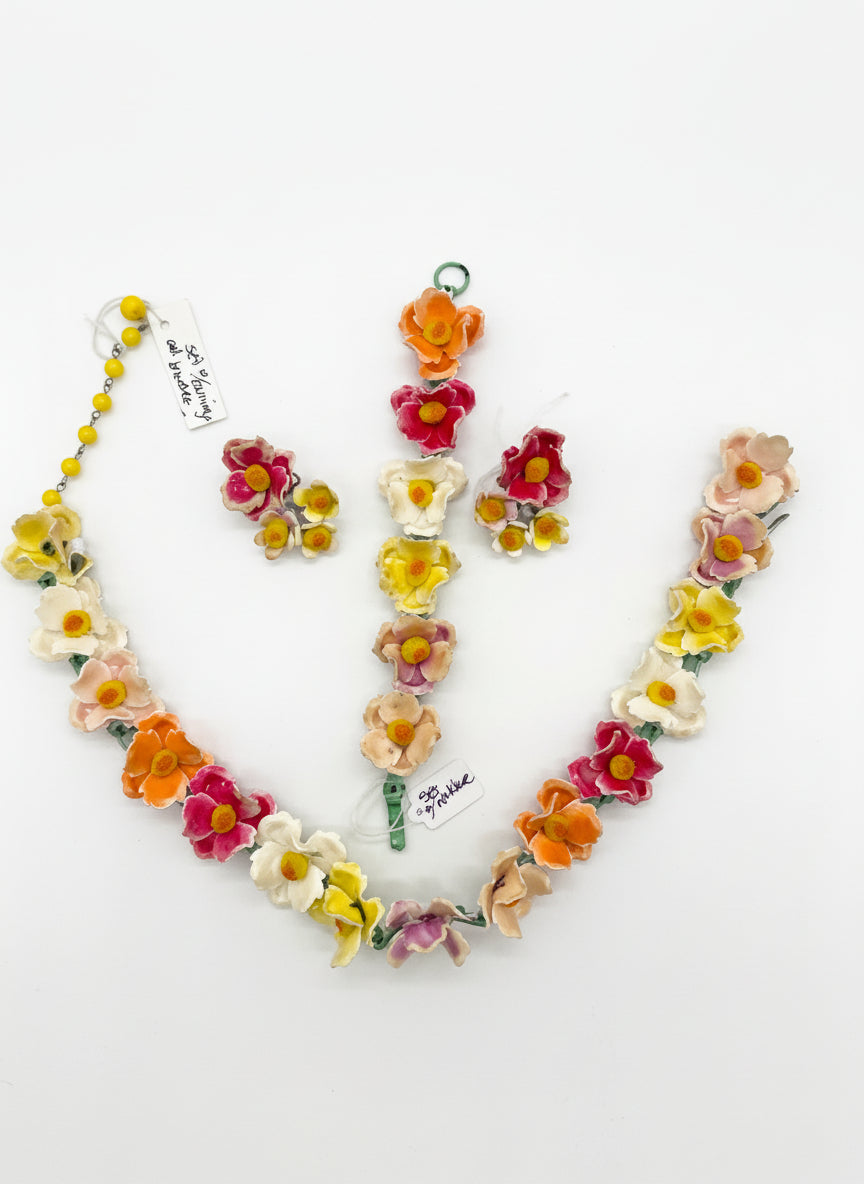 Vintage Celluloid Colorful Flowers Necklace set