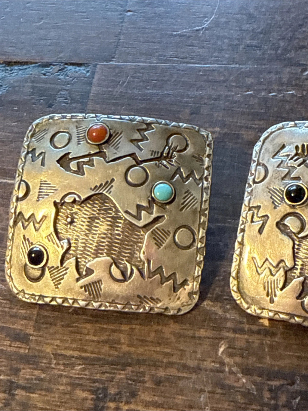 Laurie Stetzler Sterling Earrings - 1970s+ - Bison, Turquoise, Onyx, Coral