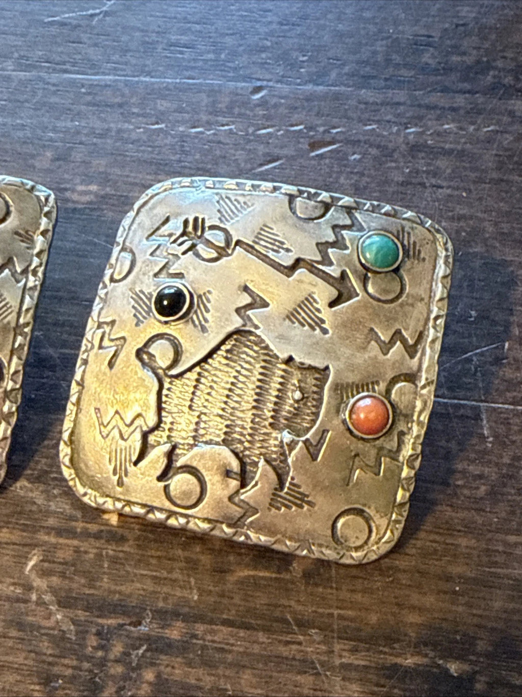 Laurie Stetzler Sterling Earrings - 1970s+ - Bison, Turquoise, Onyx, Coral