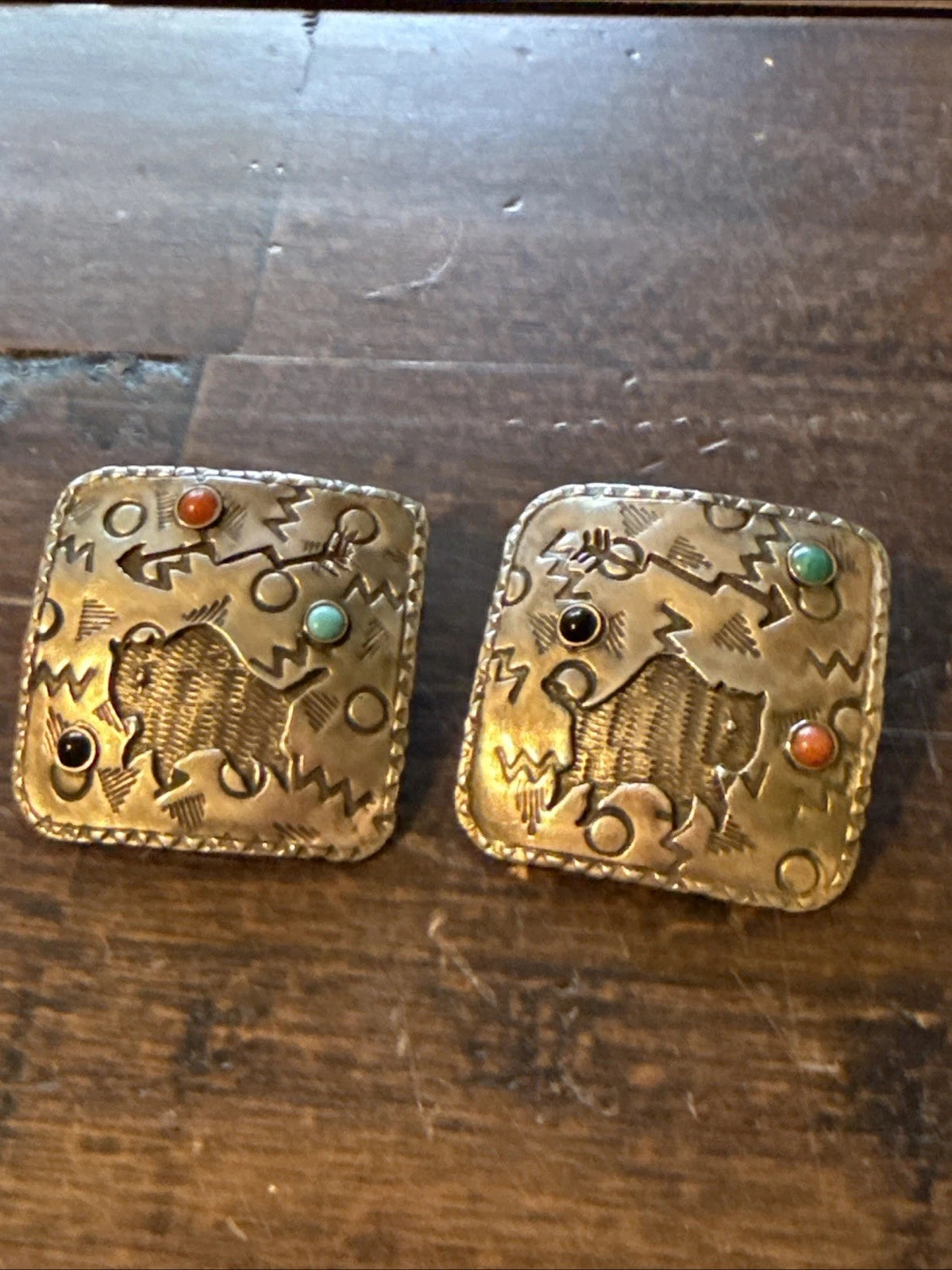 Laurie Stetzler Sterling Earrings - 1970s+ - Bison, Turquoise, Onyx, Coral